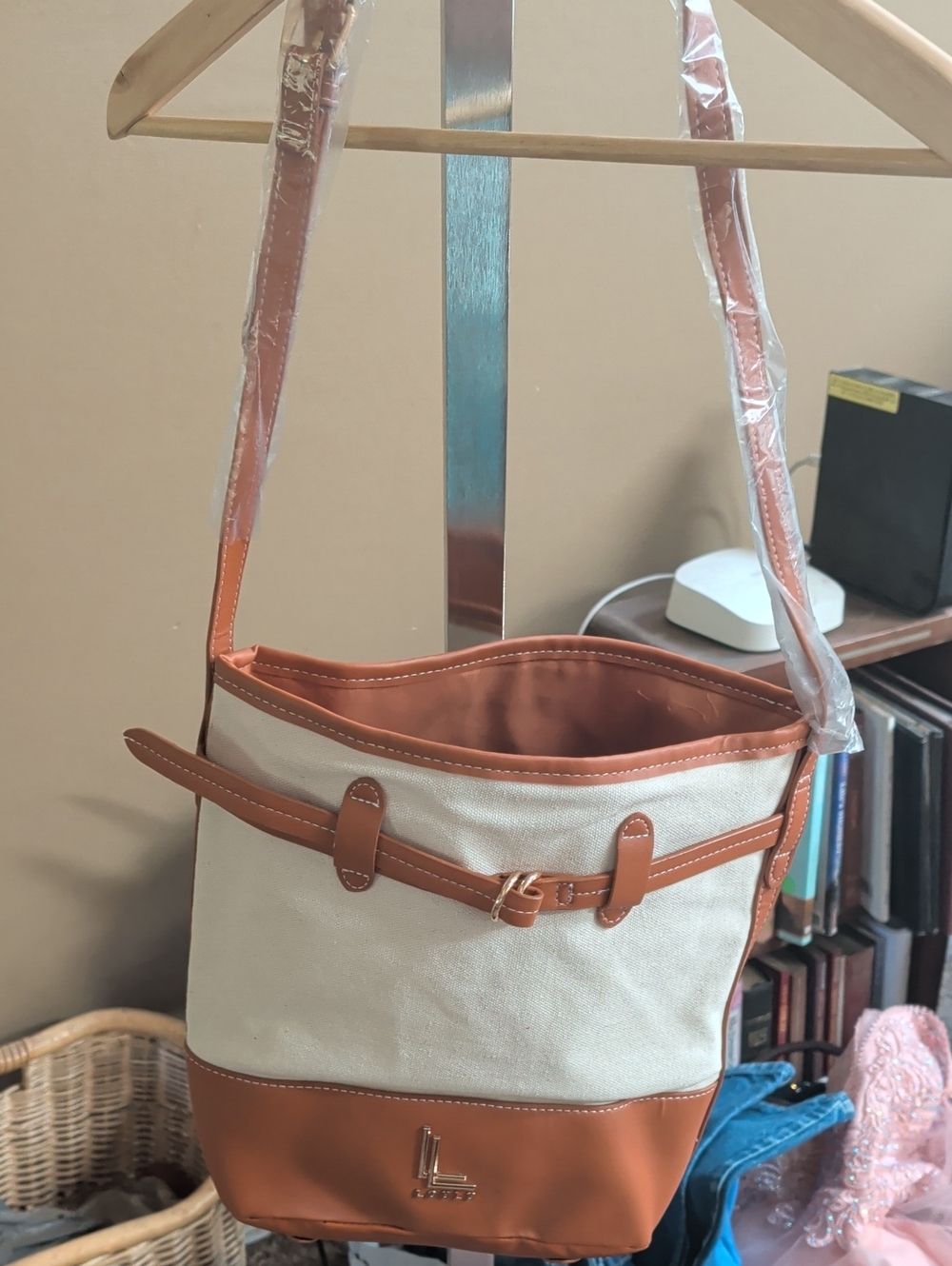 lorenzo Cream and Tan Canvas Bucket Shoulder Bag